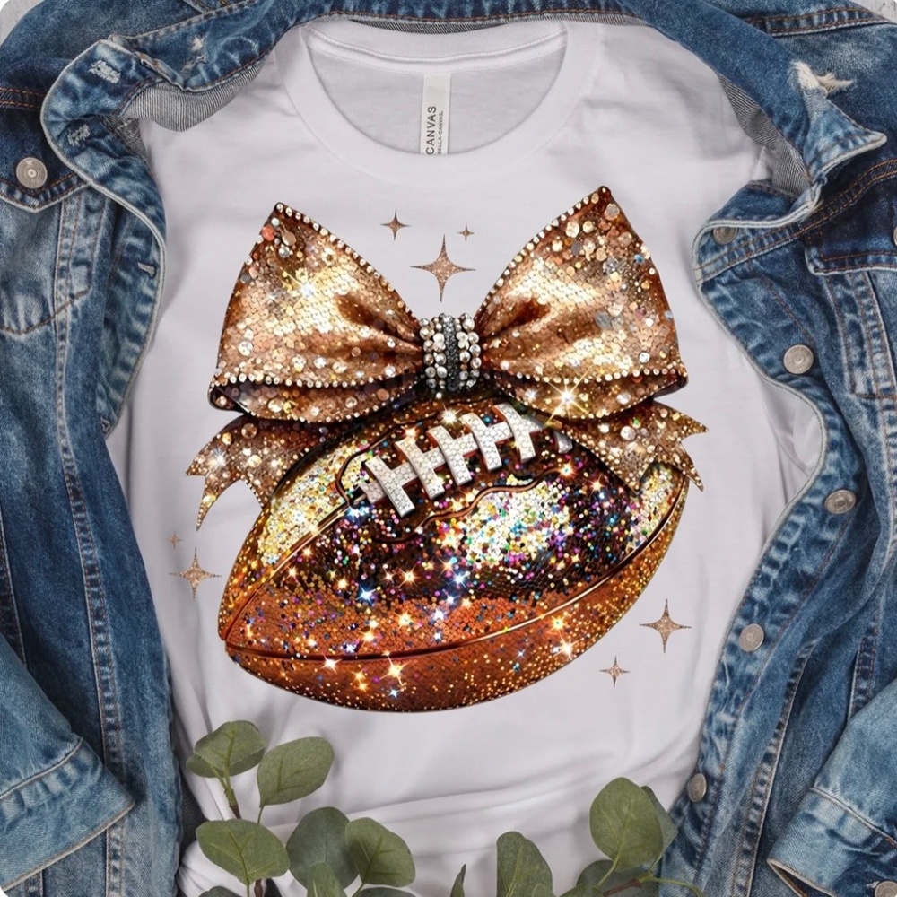 🏈 Sparkle & Spike: Gold Glitter Football Bow t-shirt. Touch down game ready
